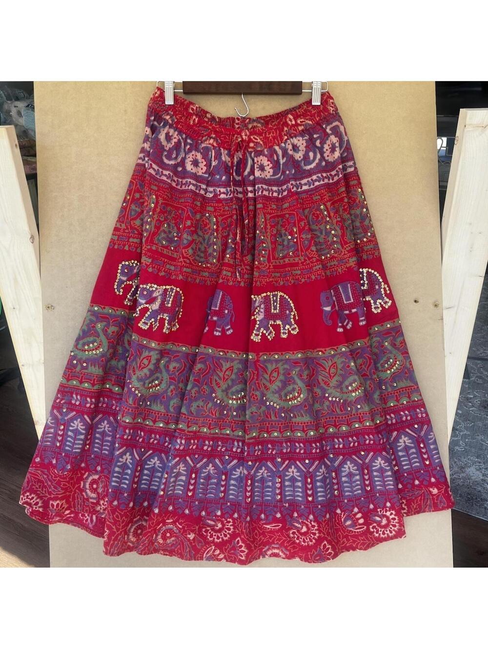 Vtg Silver Stream Elephant Skirt One Size Cotton Boho Sequin Tiered Maxi India